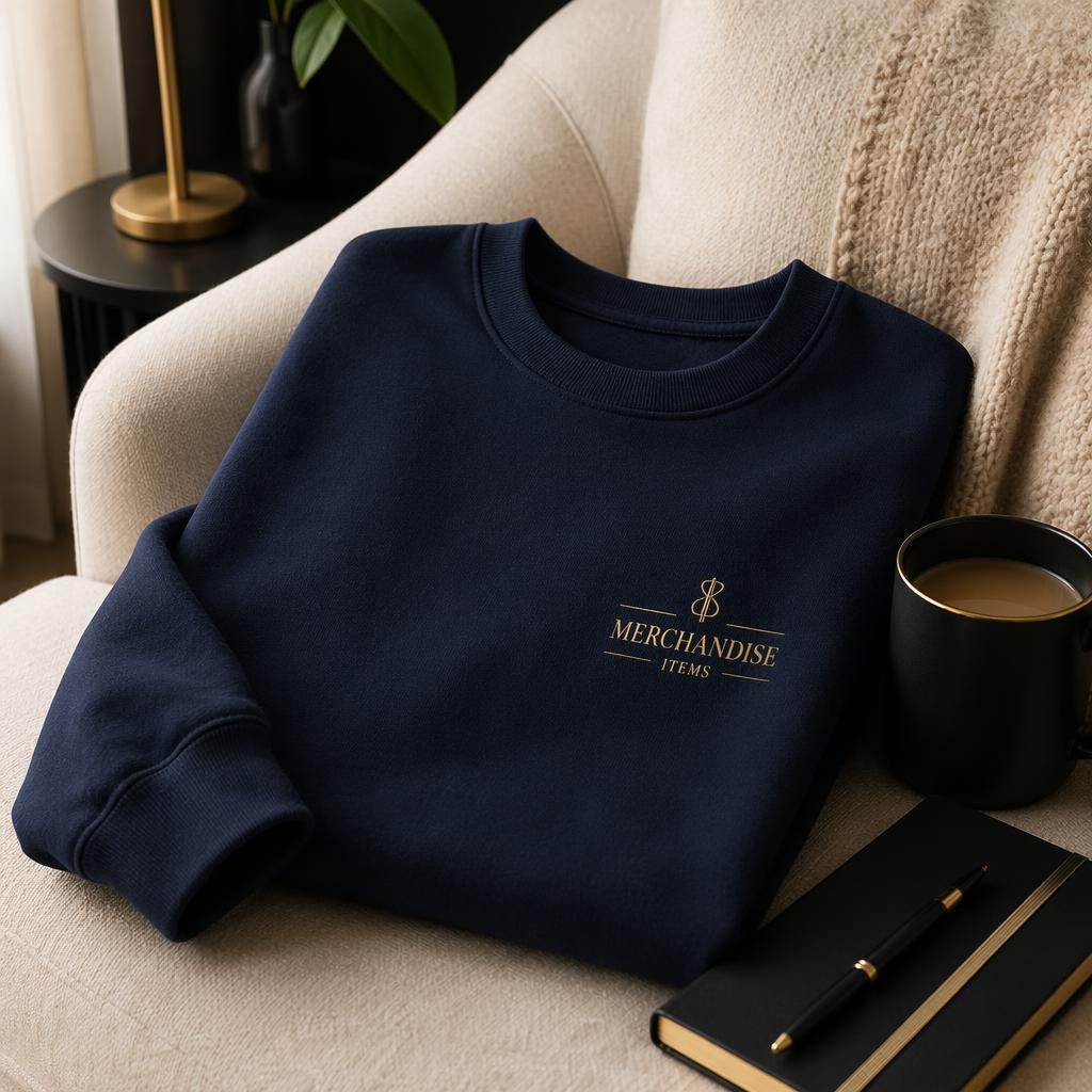 Photo-real navy crewneck mockup with small left-chest merchandise items logo in a cozy home luxury black and gold setup.