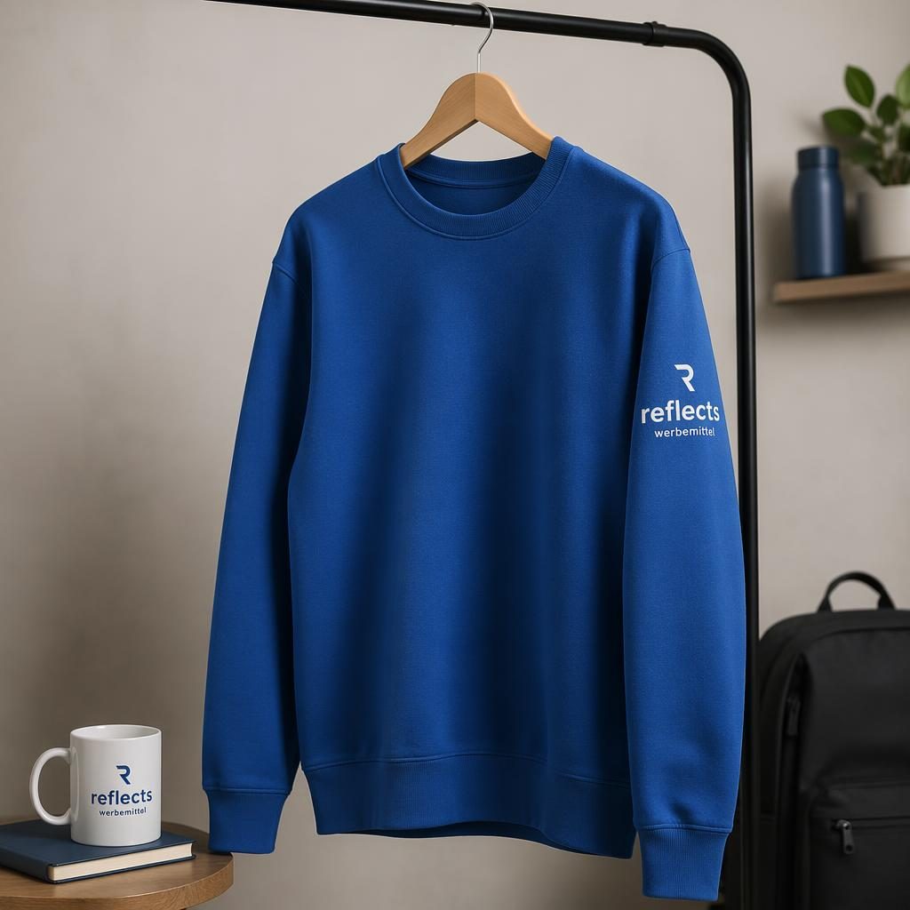 Royalblauer Crewneck mit reflects werbemittel Logo am Ärmel, hängend an einer Kleiderstange im Studio