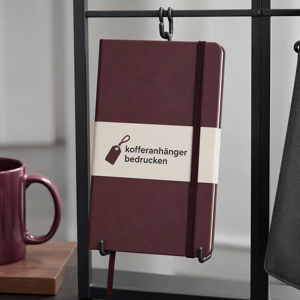 Bordeauxfarbenes Notizbuch mit umlaufendem Logo hängt an einem Rack, minimalistische Studioaufnahme mit scharfem Fokus.