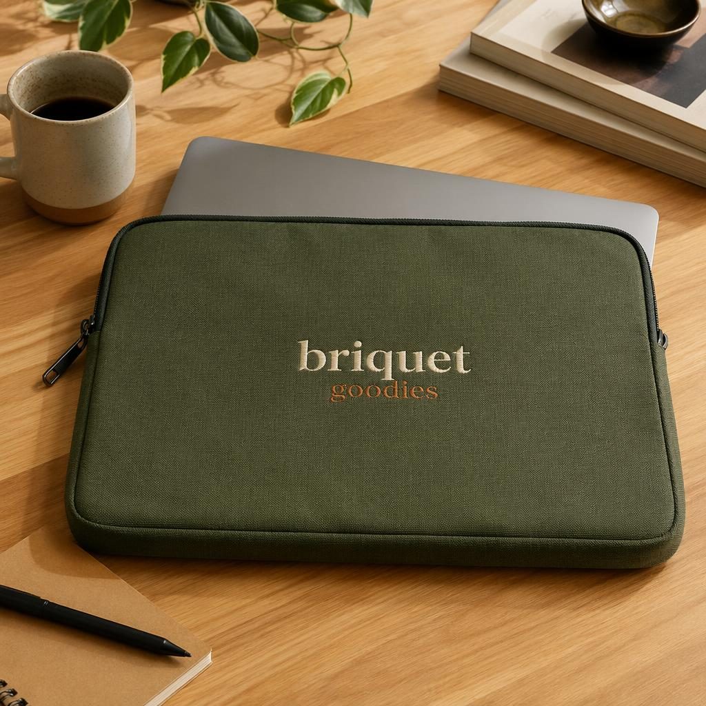 Housse d’ordinateur vert olive avec logo briquet goodies brodé, posée sur un bureau lifestyle aux tons terre.
