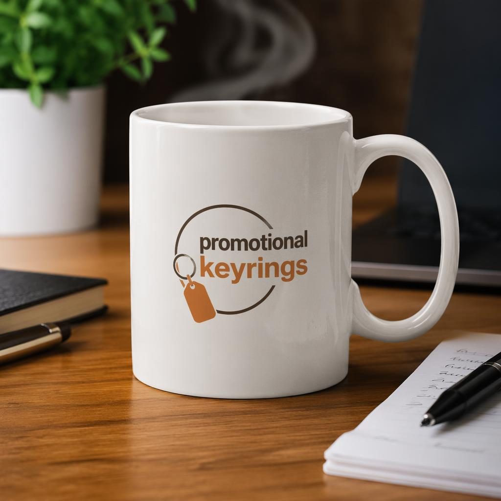 White ceramic mug mockup with promotional keyrings logo on a warm-toned desk lifestyle setup