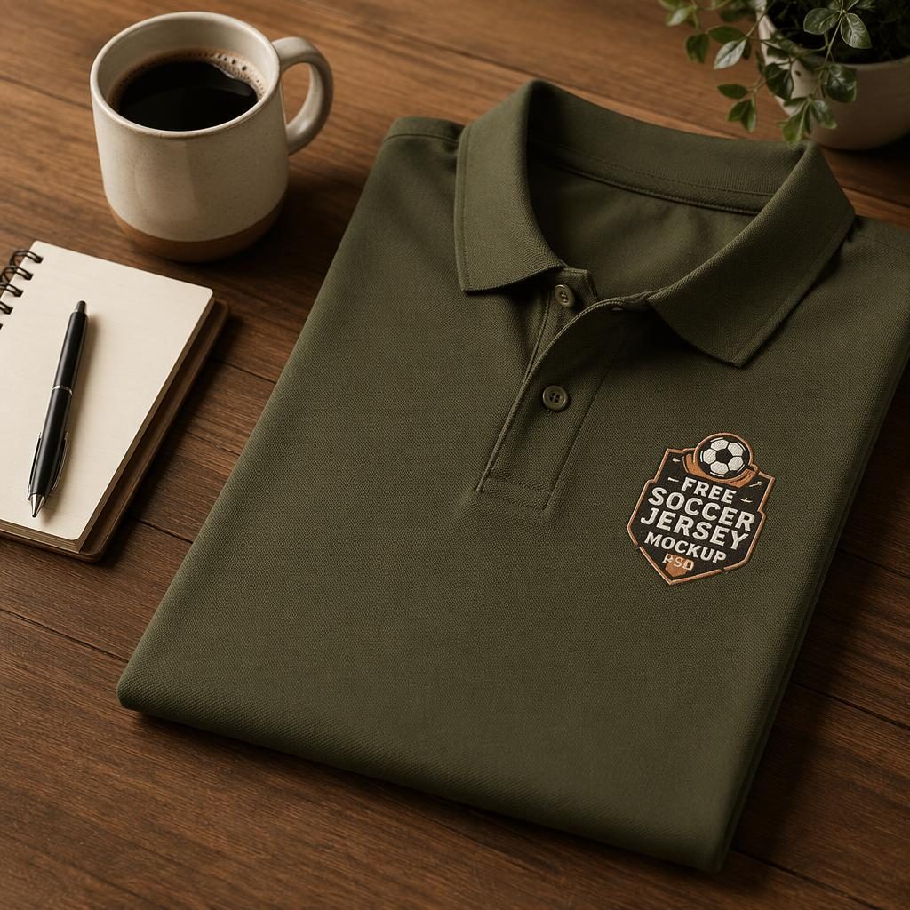 Olive green polo shirt mockup on a desk in a warm earth-tone lifestyle scene with embroidered placeholder logo.