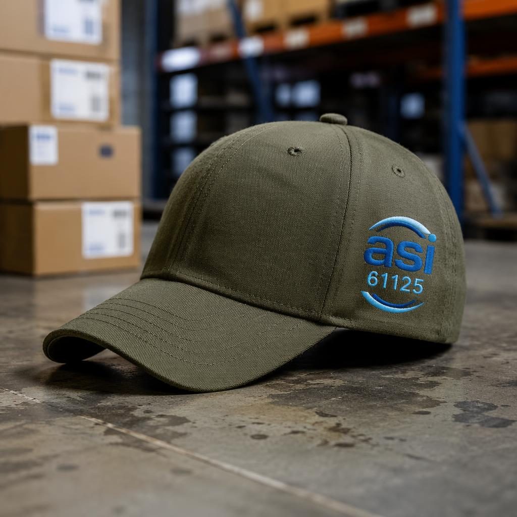 Photo-real olive green cap mockup with asi 61125 logo in blue, styled in a warehouse-inspired industrial setting.