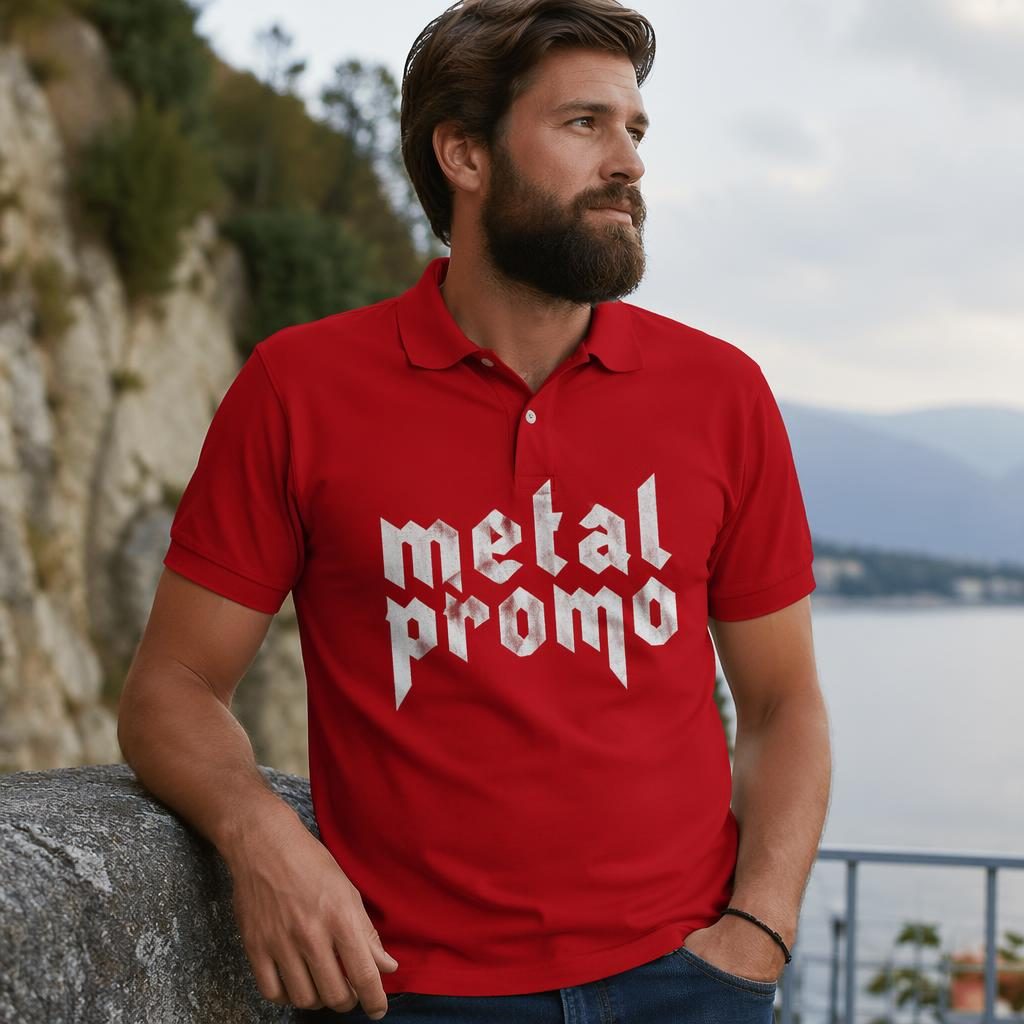 Photoreal red polo shirt mockup outdoors with large white metal promo logo, sharp fabric texture and lifestyle styling.