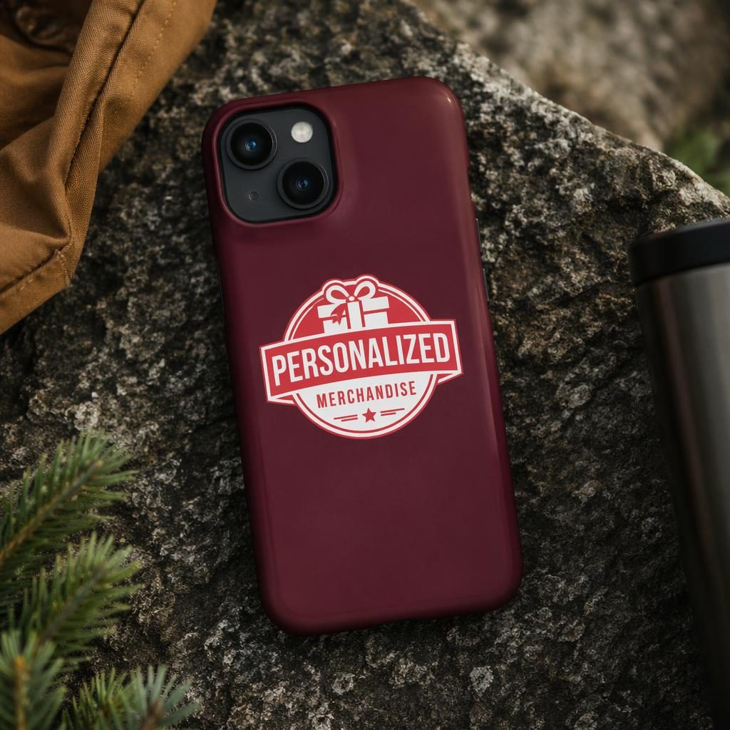 Photo-real burgundy phone case mockup outdoors with centered red and white personalized merchandise logo