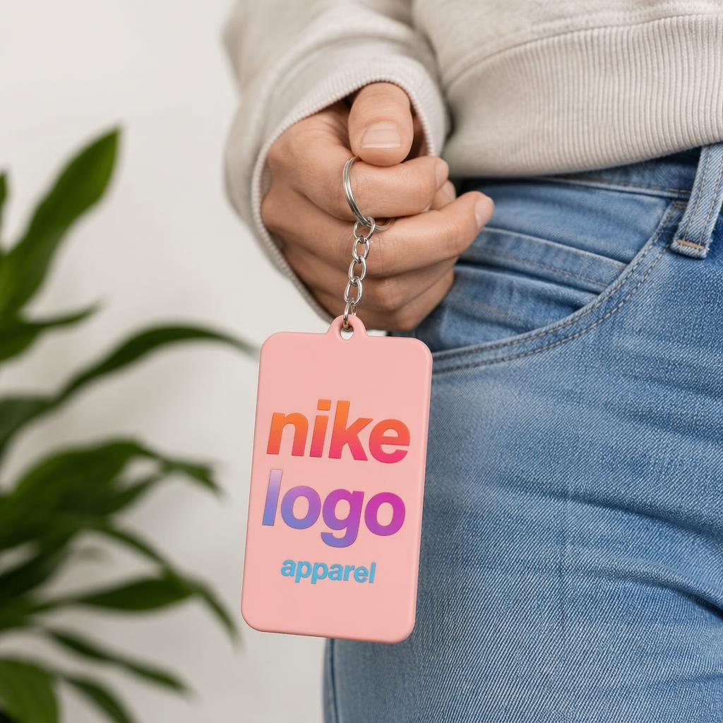 Photo-real dusty pink keychain mockup on model, featuring a large vibrant gradient nike logo apparel print.