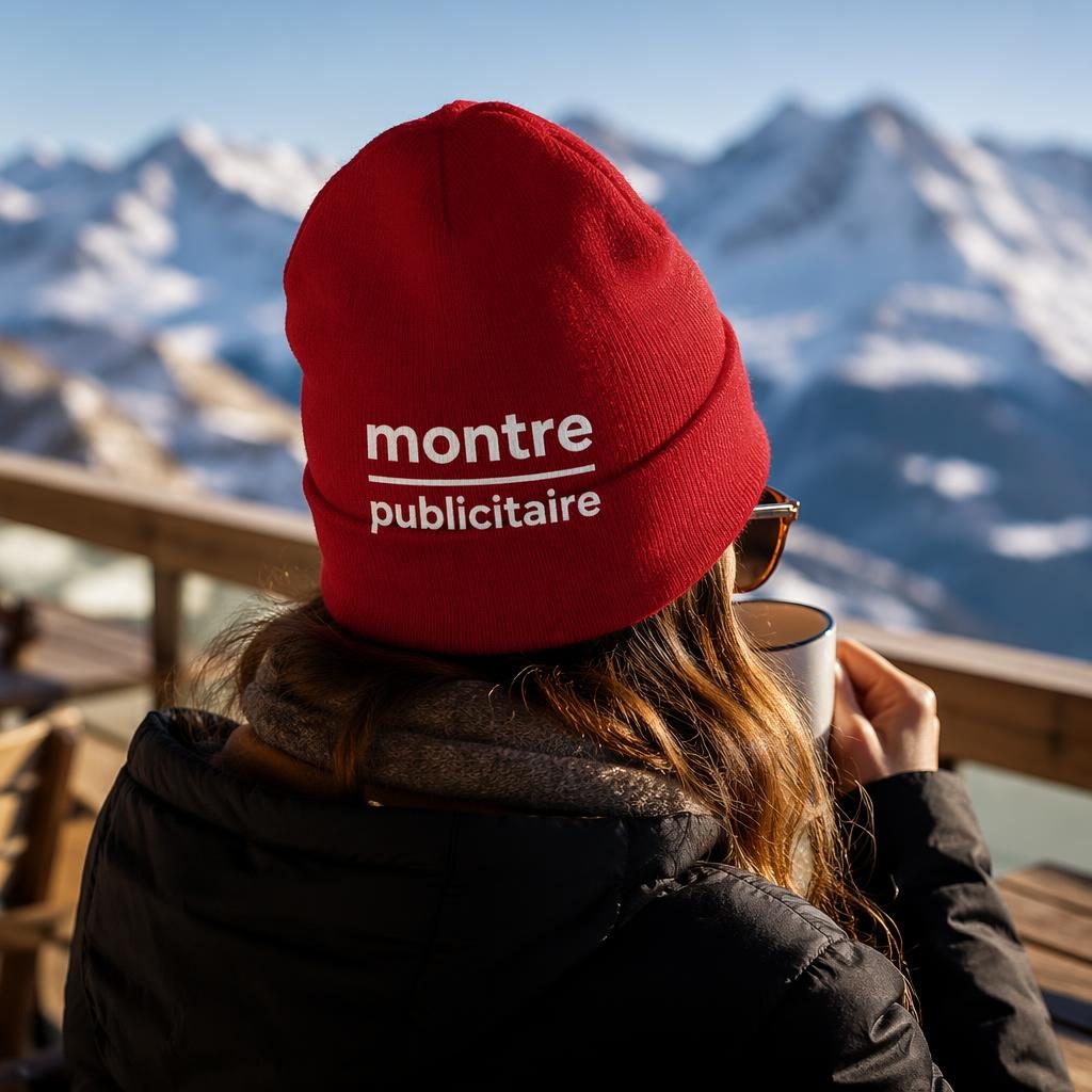 Mockup photo réaliste d’un bonnet rouge avec logo blanc montre publicitaire, vue arrière, style lifestyle extérieur