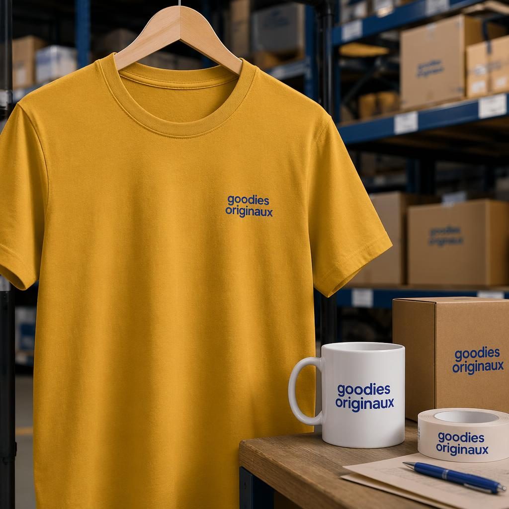 Mockup photo réaliste d’un porte-clés jaune moutarde en studio, style entrepôt industriel, avec logo goodies originaux.