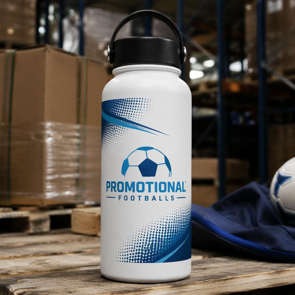 White water bottle mockup with wrap-around promotional footballs logo in a warehouse-style industrial studio setting