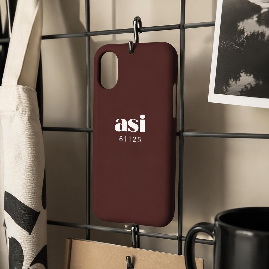 Photo-real burgundy phone case mockup with asi 61125 logo centered, shown in a clean studio merch style.