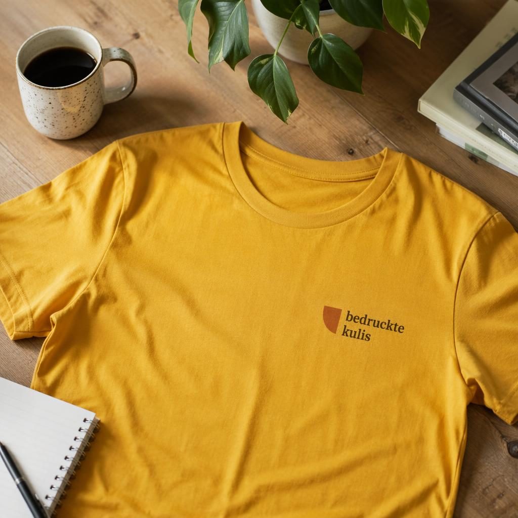 Senfgelbes T-Shirt mit kleinem bedruckte kulis Logo auf der linken Brust in einer warmen Desk-Lifestyle-Szene
