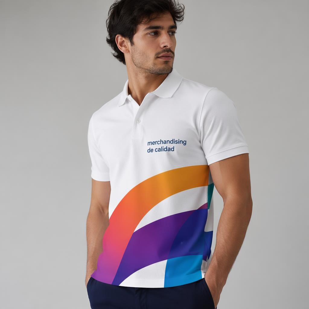 Modelo con polo blanco de merchandising de calidad y logo envolvente en degradado, foto de estudio realista