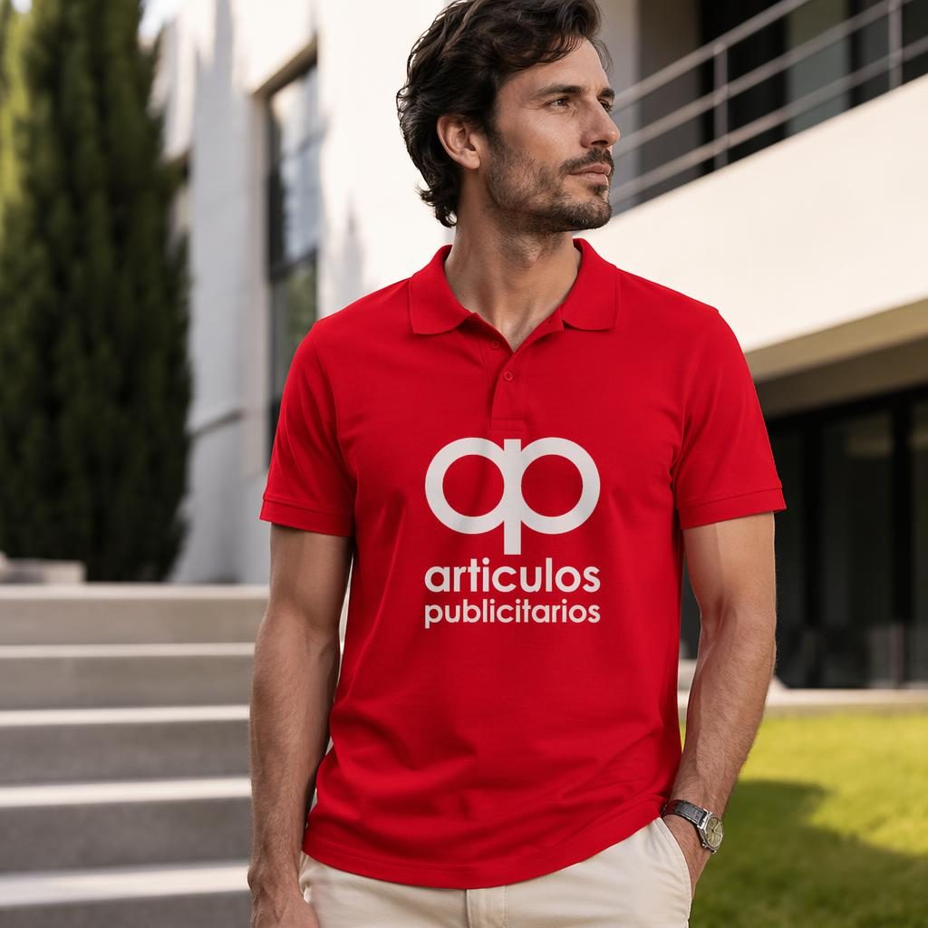 Polo clásico rojo con logo blanco grande de articulos publicitarios, fotografiado en exterior con textura realista