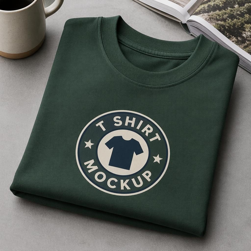 Fotorealistisches Mockup einer waldgrünen Handyhülle mit mittigem t shirt mockup-Logo im Studio aufgenommen