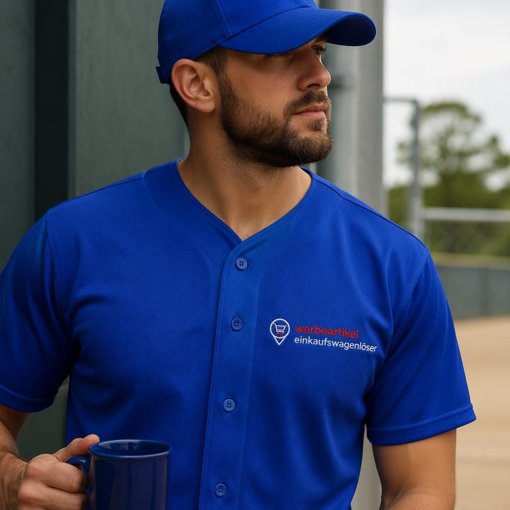 Royalblaues Baseball-Jersey als Produkt-Mockup im Outdoor-Lifestyle-Stil mit rot-weißem Sticklogo.