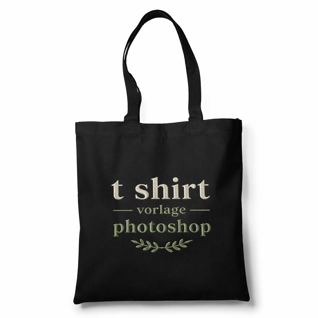 Schwarze Tote Bag als realistisches Produkt-Mockup auf weißem Hintergrund mit gesticktem Logo in Salbei und Elfenbein