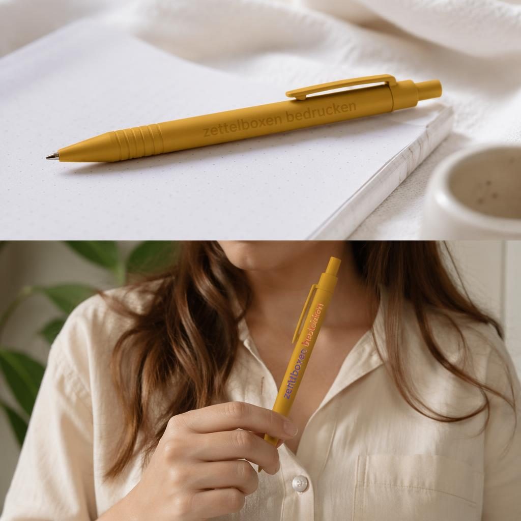 Fotorealistisches Mockup eines senfgelben Stifts mit dezentem Ton-in-Ton-Logo im Studio, scharf und hochwertig