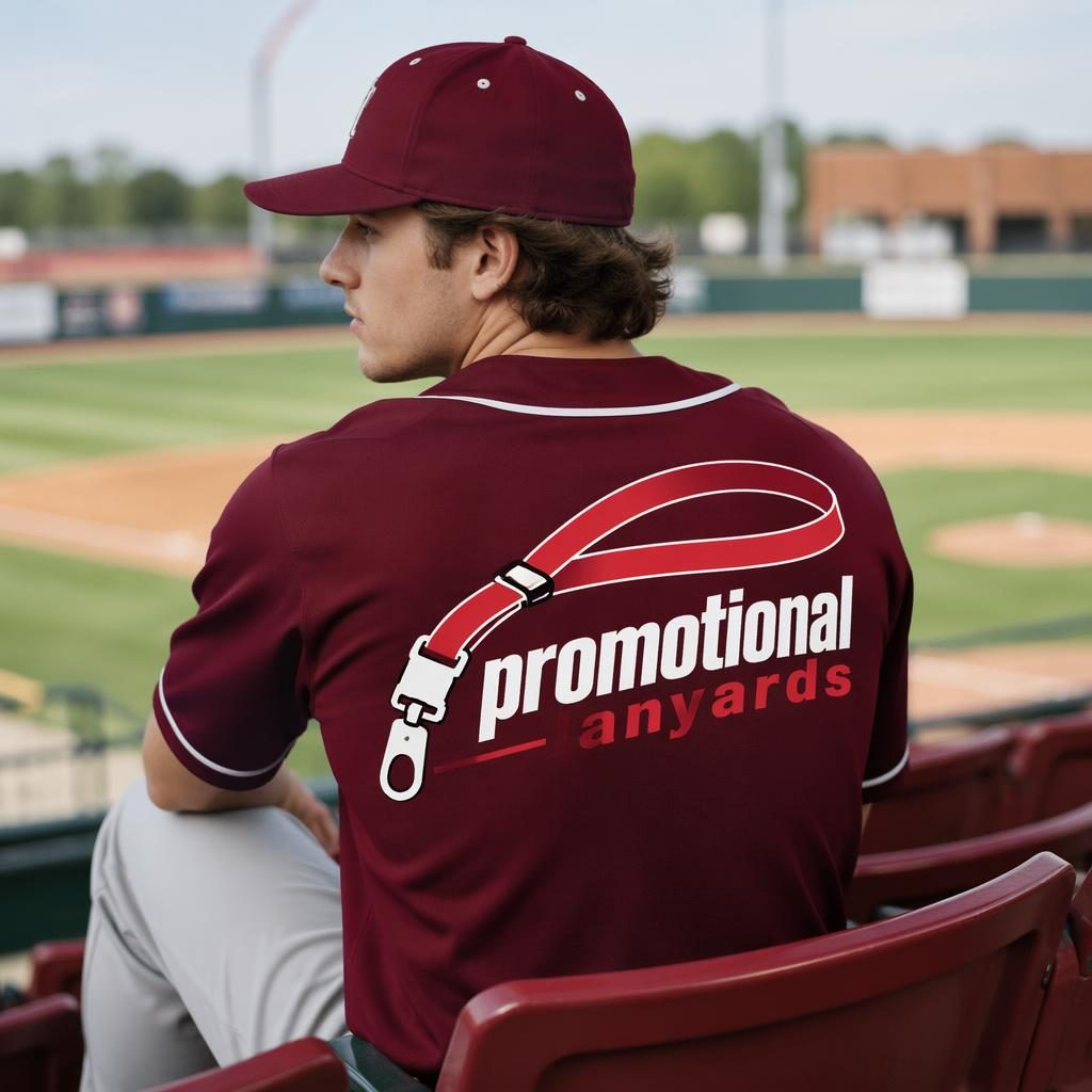 Photoreal burgundy baseball jersey mockup outdoors with a red and white promotional lanyards wraparound logo