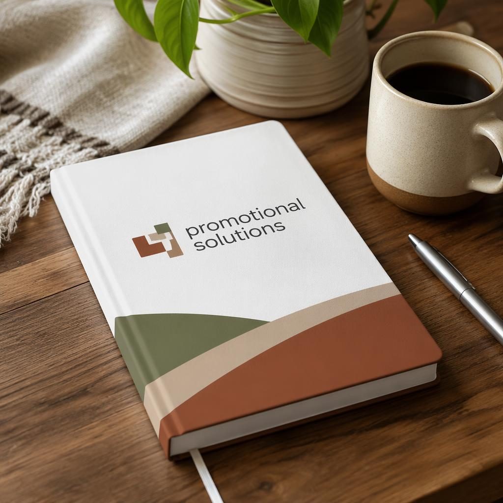 White notebook mockup with promotional solutions logo on a warm-toned desk beside a ceramic mug and fabric accents.