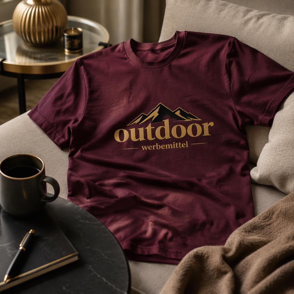 Fotorealistisches bordeauxfarbenes T-Shirt mit outdoor werbemittel Logo mittig auf der Brust im Cozy-Home-Setting