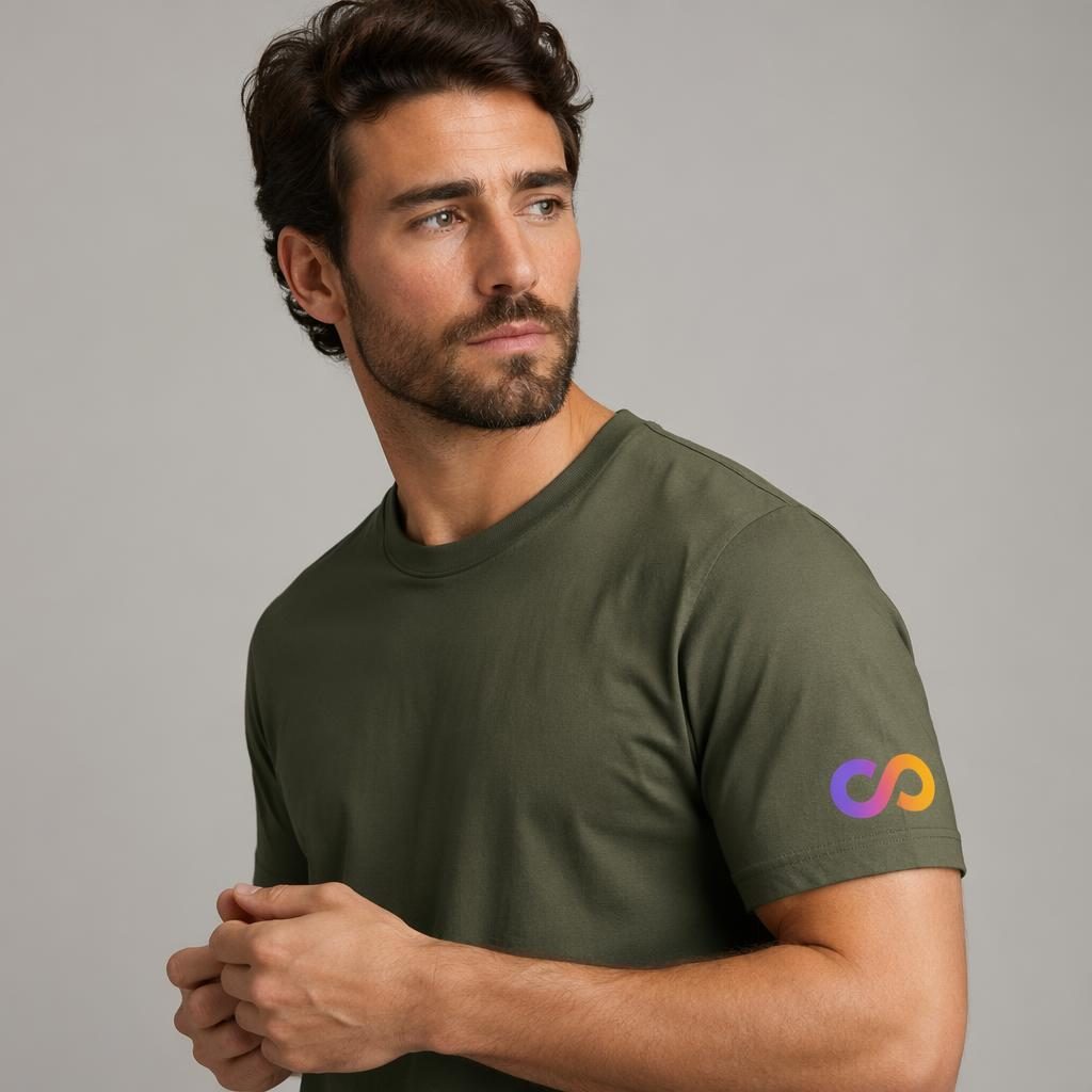 Model wearing an olive green t-shirt with a colorful logo printed on the sleeve in a studio product mockup.