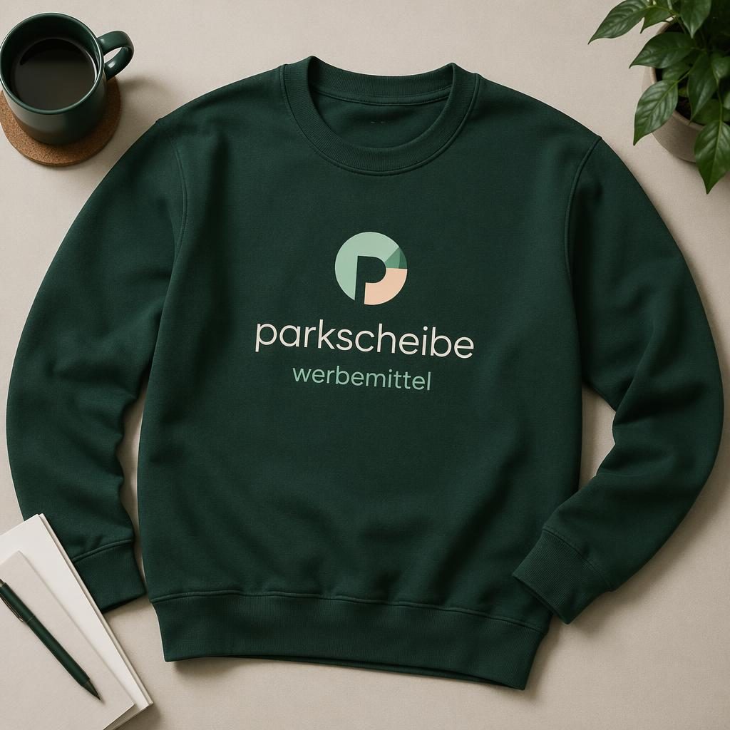 Waldgrünes Sweatshirt als Studio-Flachlay mit zentriertem parkscheibe werbemittel Logo auf der Brust