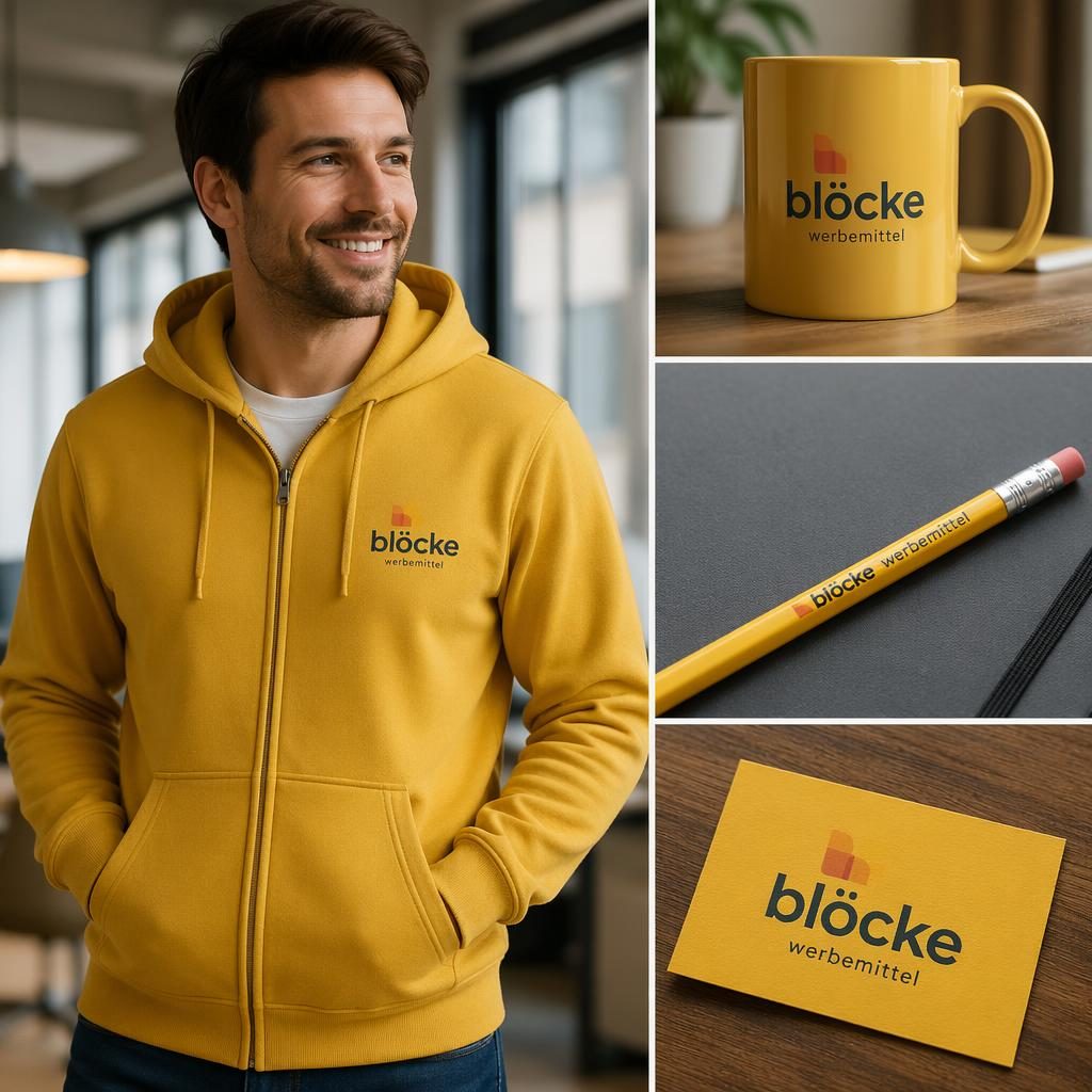 Model trägt senfgelben Zip-Hoodie mit dezent tonalem blöcke werbemittel Logo im Studio, scharf und fotorealistisch