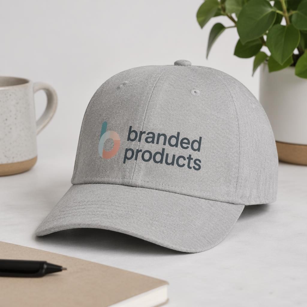 Studio flat lay mockup of a heather gray cap with large branded products logo in soft pastel colors.