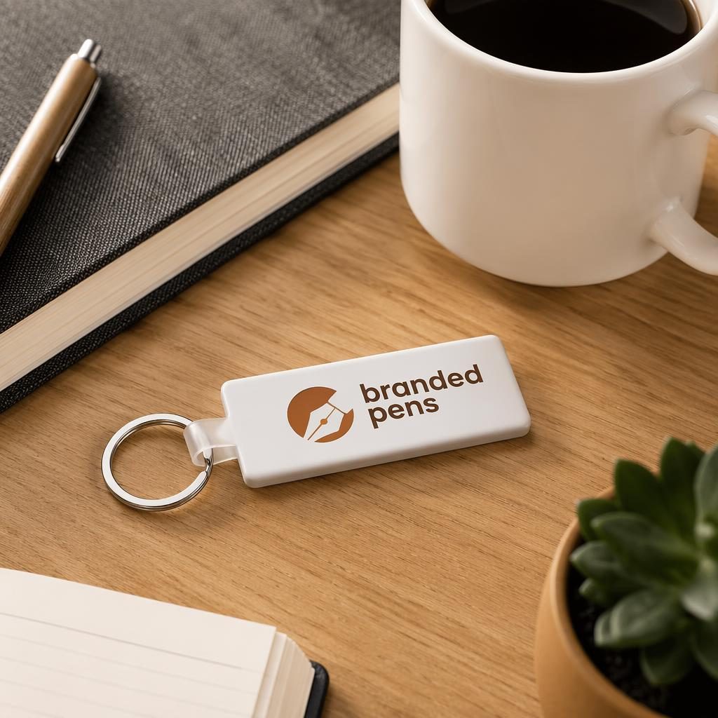 White keychain mockup with branded pens logo on a warm-toned desk lifestyle scene with paper, fabric, and ceramic props.