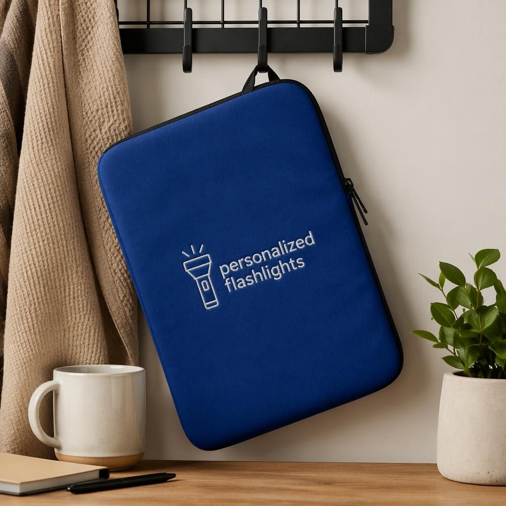 Royal blue laptop sleeve hanging on a rack with a personalized flashlights embroidered logo in a minimal monochrome style.