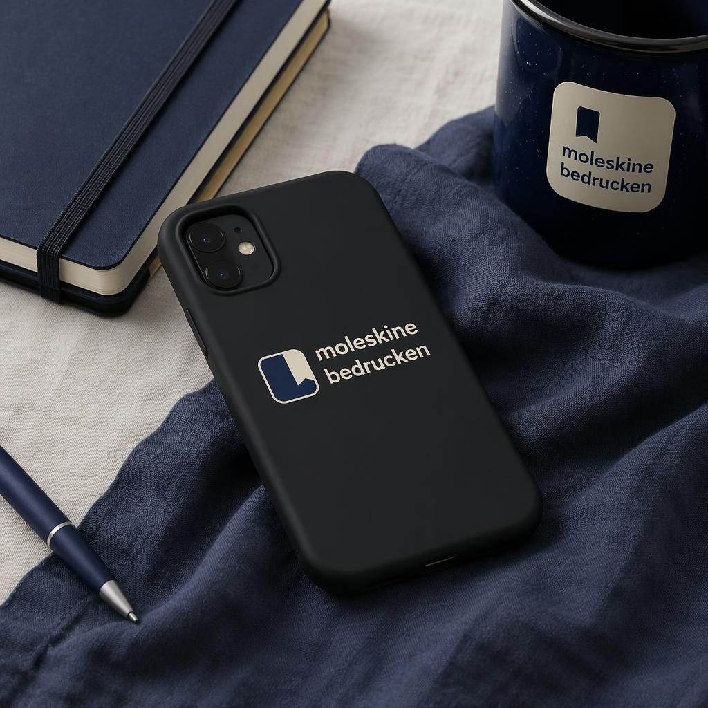 Schwarze Handyhülle als fotorealistisches Mockup mit moleskine bedrucken Logo, Studioaufnahme mit scharfem Fokus