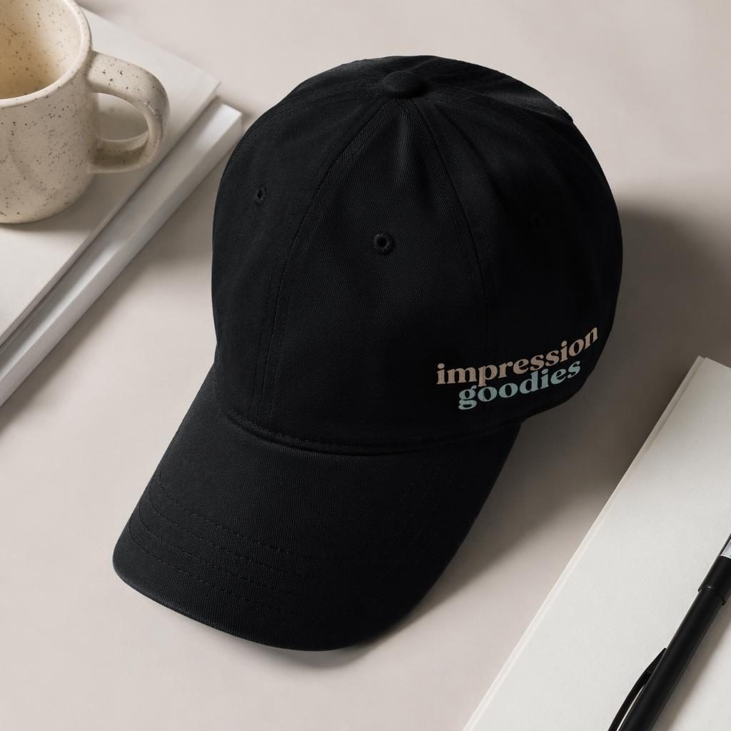 Casquette noire en flat lay studio avec logo impression goodies, lumière douce et texture textile nette.