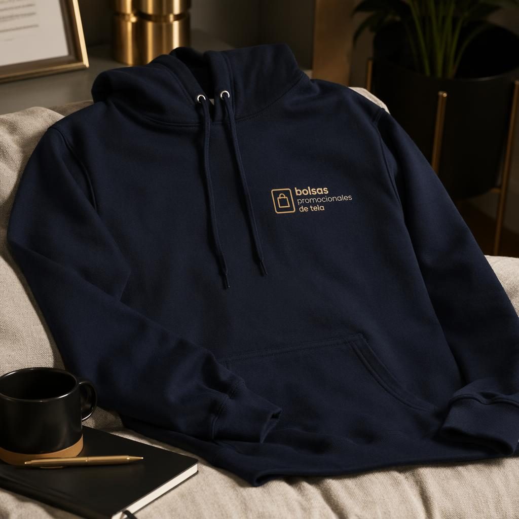 Sudadera azul marino con logo pequeño en el pecho izquierdo, estilo hogar acogedor con paleta negra y dorada