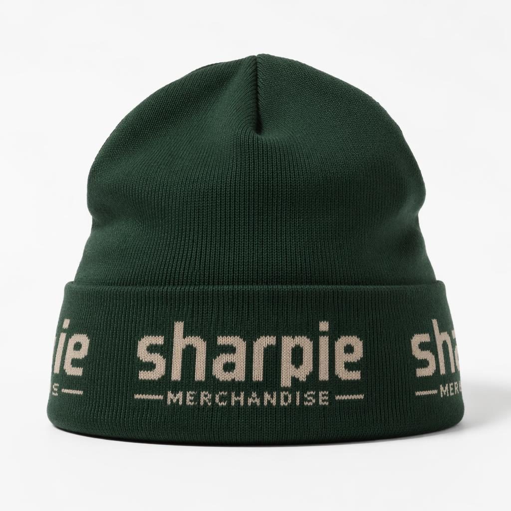 Forest green beanie mockup on a white background with a sage and ivory sharpie merchandise wrap-around logo