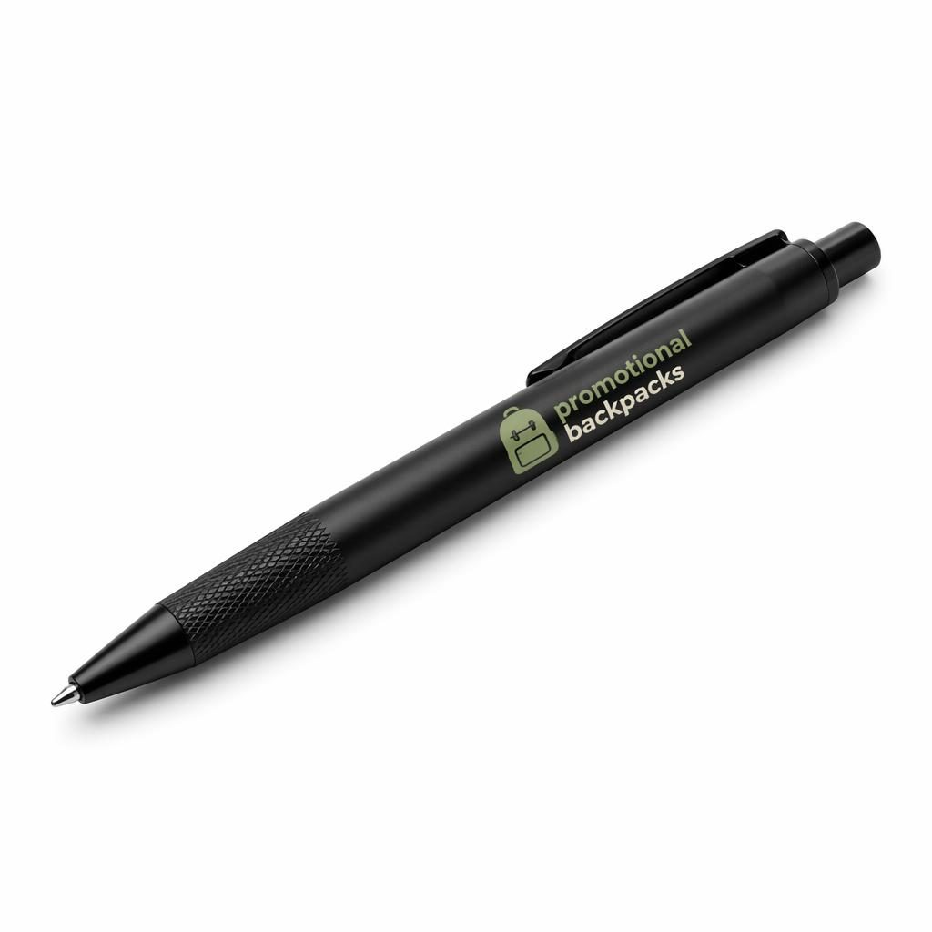 Black pen product mockup on a white background with a sage and ivory promotional backpacks logo on the sleeve.