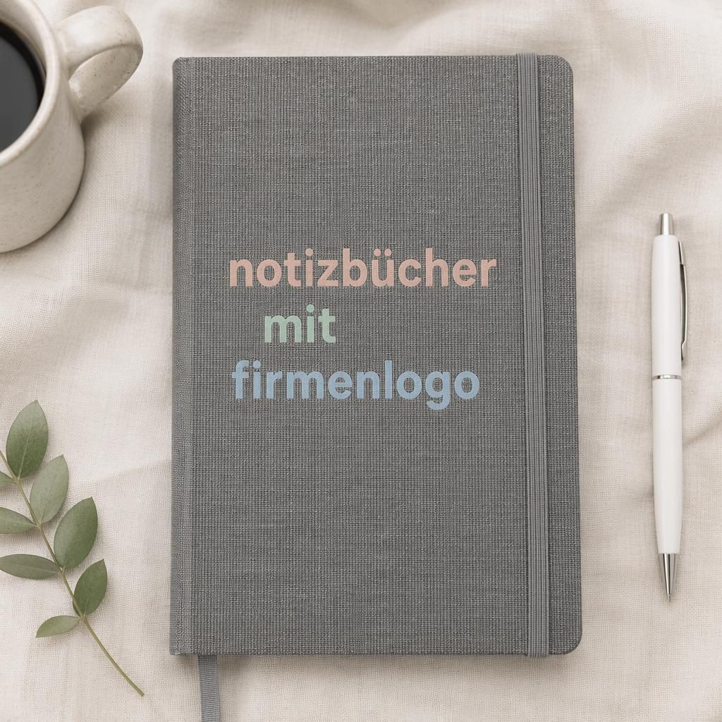 Fotorealistischer heidegrauer Kugelschreiber als Flatlay im Studio mit Platzhalterlogo in pastelligen Farben