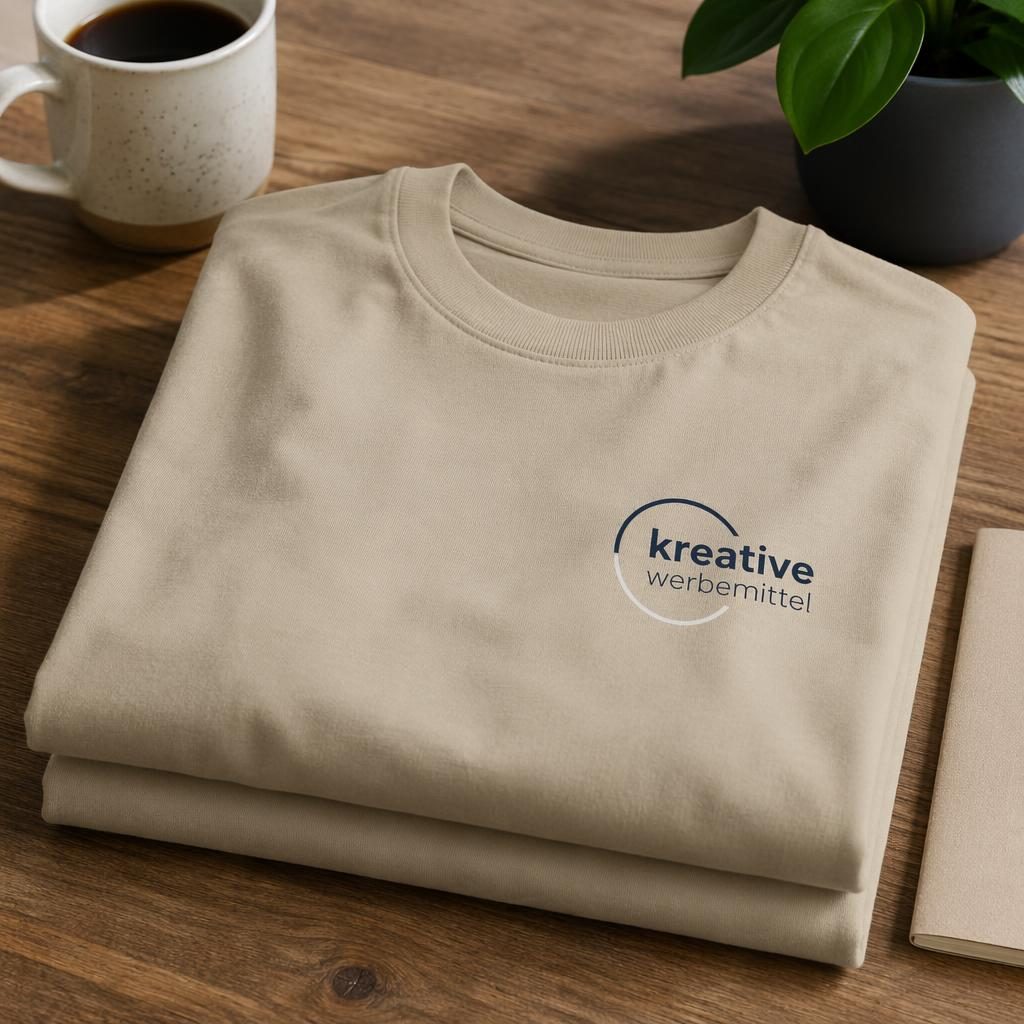 Gefalteter Stapel beige-sandfarbener T-Shirts mit kleinem kreative werbemittel Logo links auf der Brust