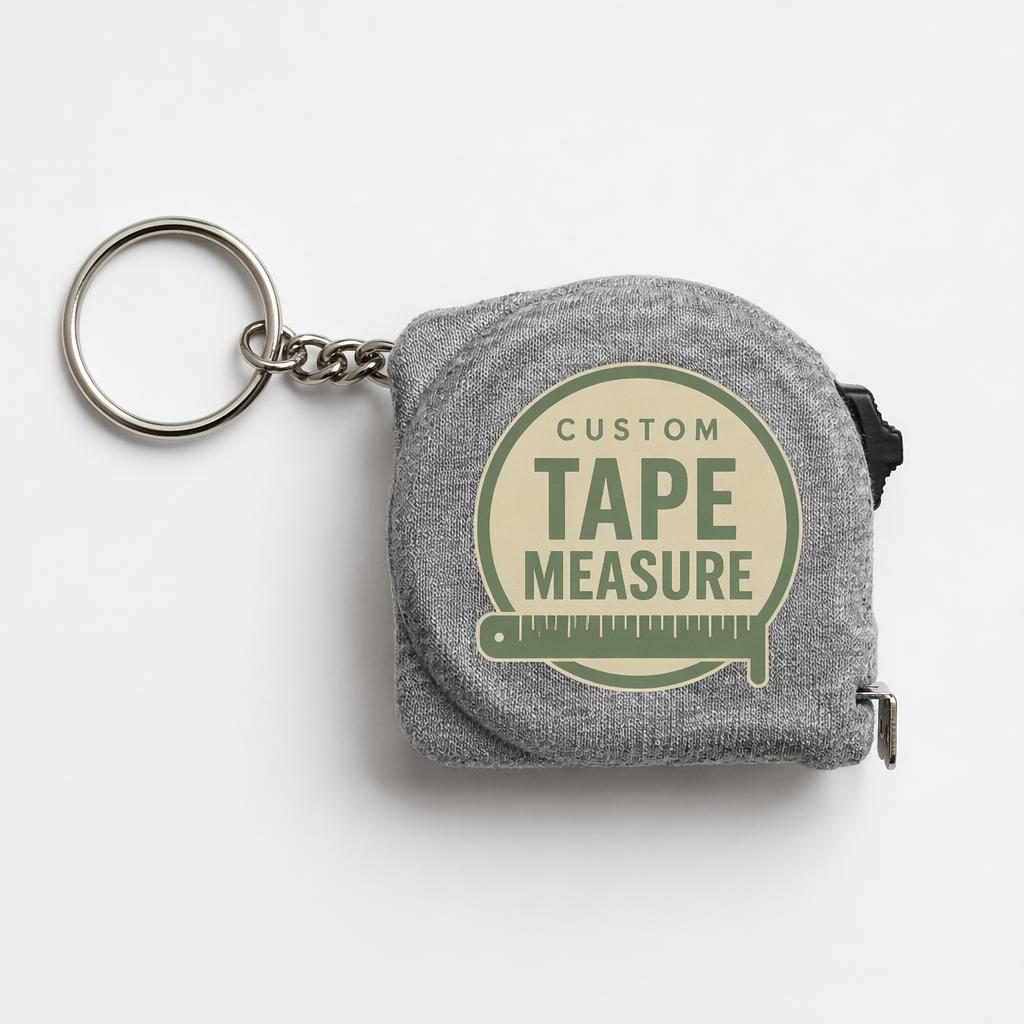 Heather gray keychain mockup with custom tape measure logo on the back, shot on a minimalist white background.