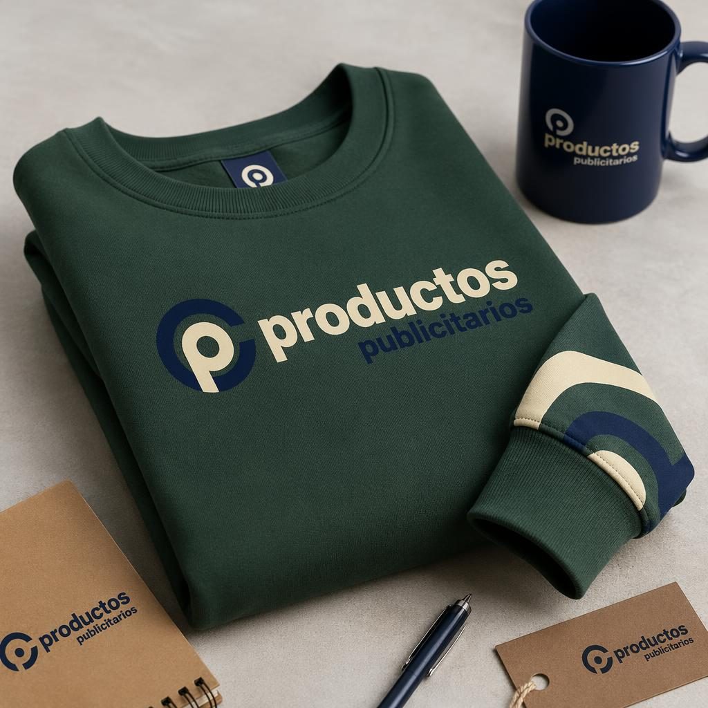 Sudadera verde bosque doblada en pila con logo envolvente productos publicitarios en azul marino y crema.