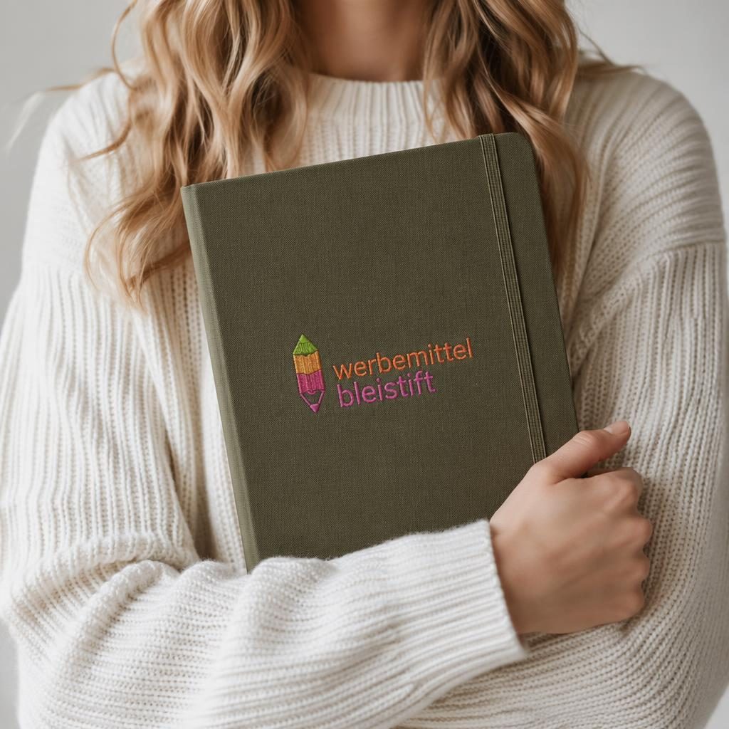 Fotorealistisches olivgrünes Notebook mit werbemittel bleistift Logo, Studioaufnahme mit scharfer Papierstruktur