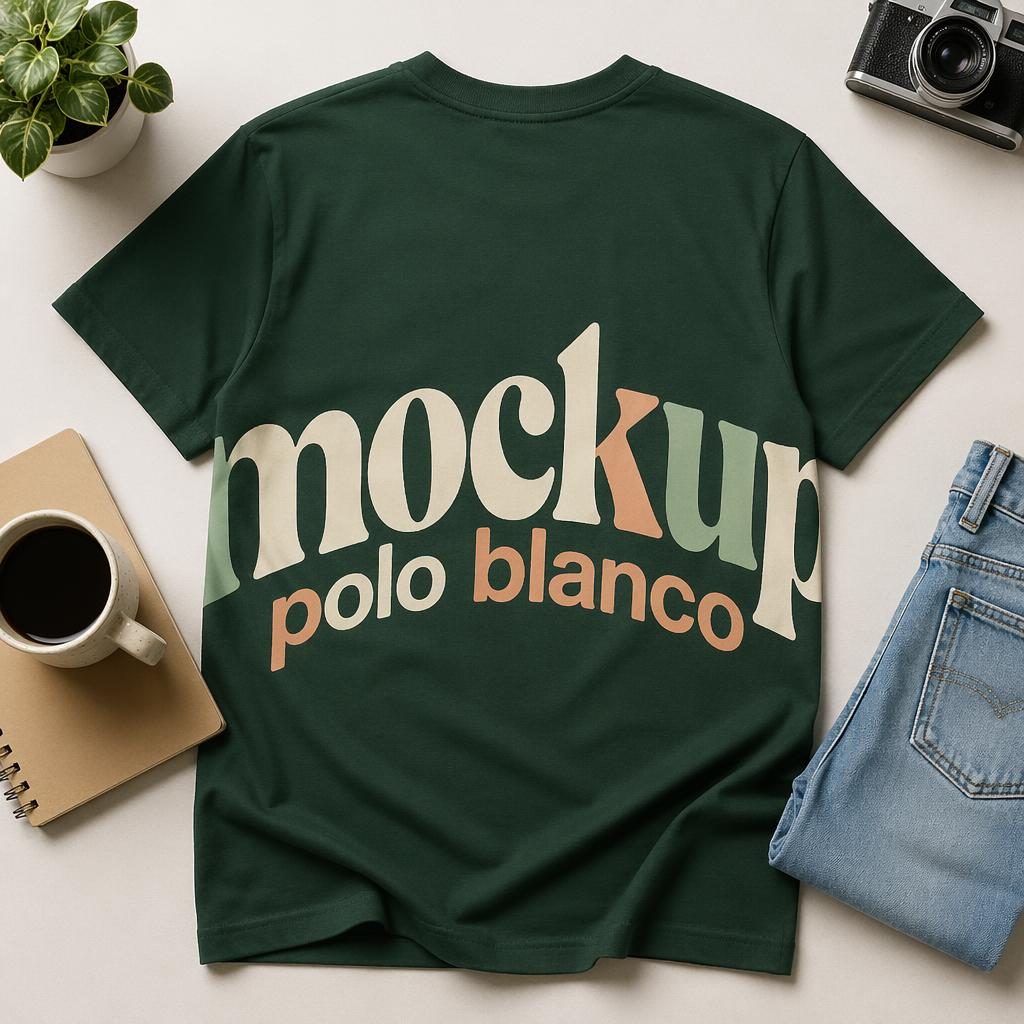 Camiseta verde bosque en flat lay de estudio con logo envolvente, textura realista y paleta pastel suave.