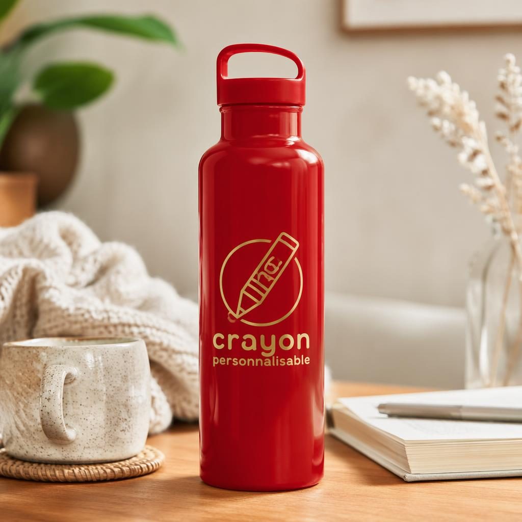 Gourde rouge classique avec logo crayon personnalisable, mise en scène cosy haut de gamme noir et or, photo studio nette