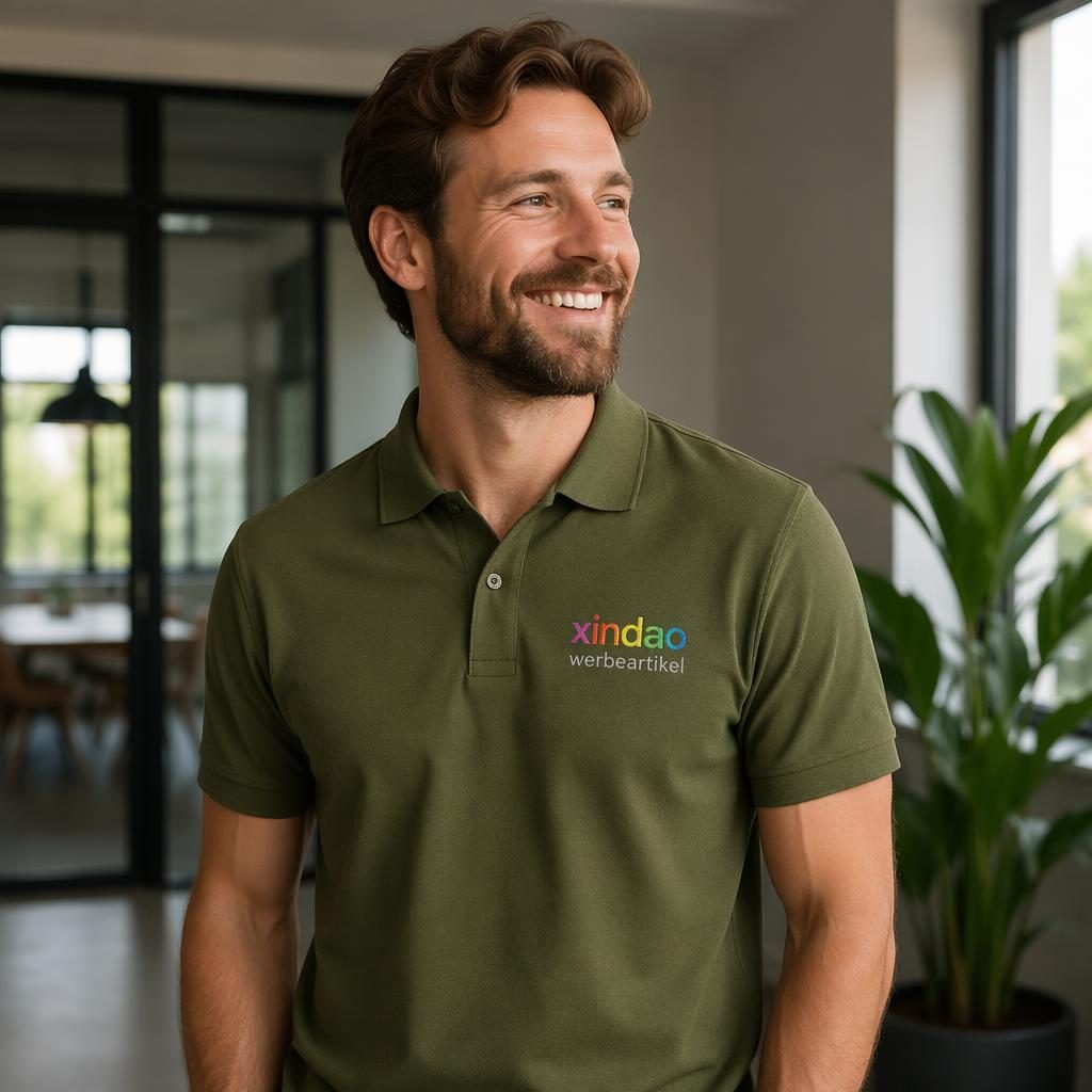 Model trägt ein olivgrünes Polo-Shirt mit xindao werbeartikel Logo im Sticklook, studiofotografiert