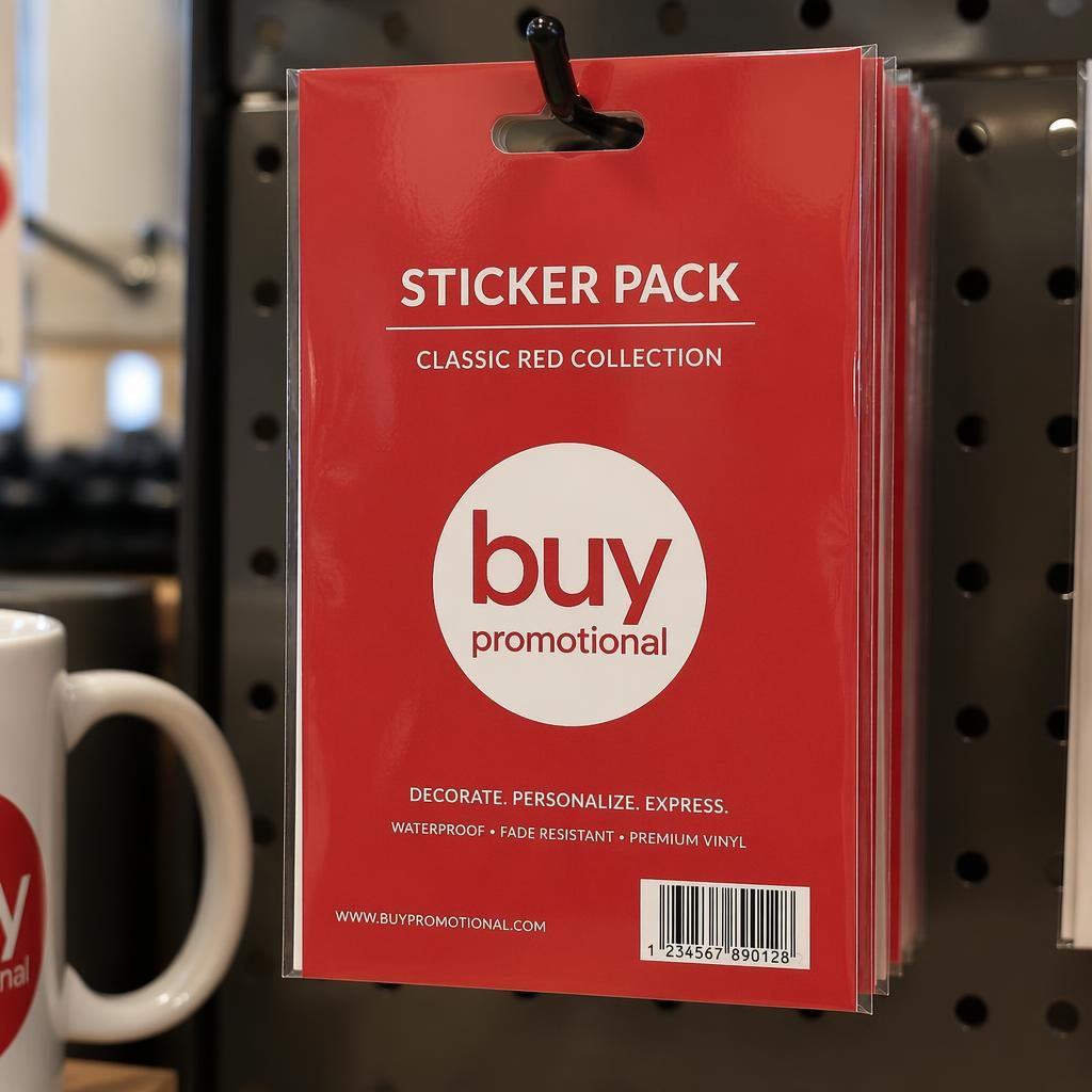 Photo-real red sticker pack mockup hanging on a retail rack with generic buy promotional logo on the back.