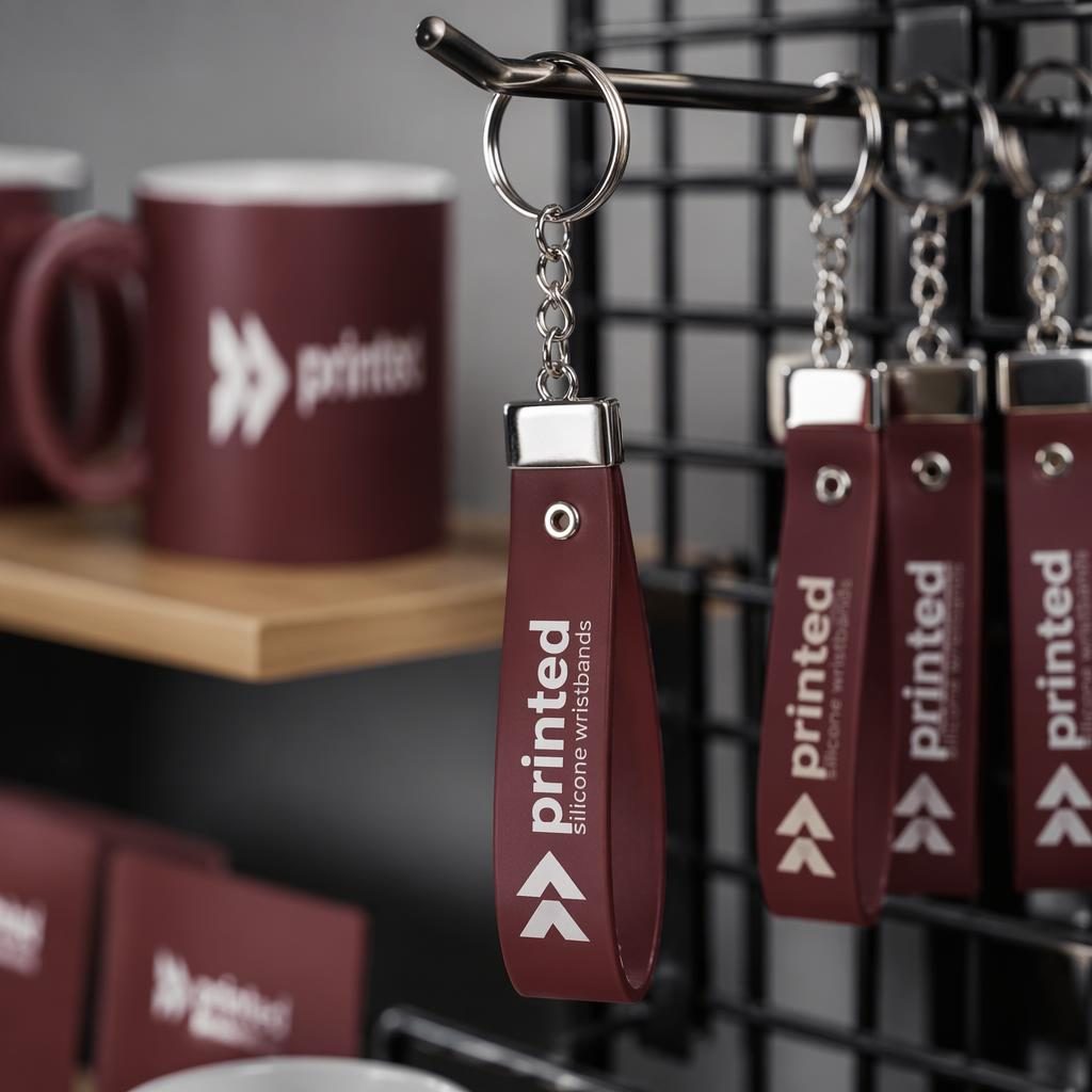Studio product mockup of a burgundy keychain hanging on a rack with printed silicone wristbands logo wrap-around