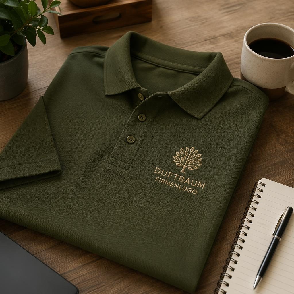 Olivgrünes Polo-Shirt mit duftbaum firmenlogo in Stickoptik auf Schreibtisch, daneben Tasse und Papier im Warmton-Setup.