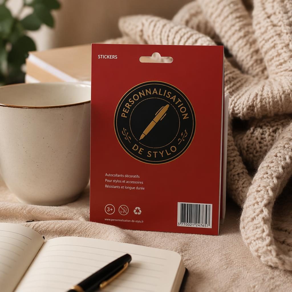 Pack de stickers rouges avec logo au dos, photo mockup réaliste en intérieur cosy noir et or