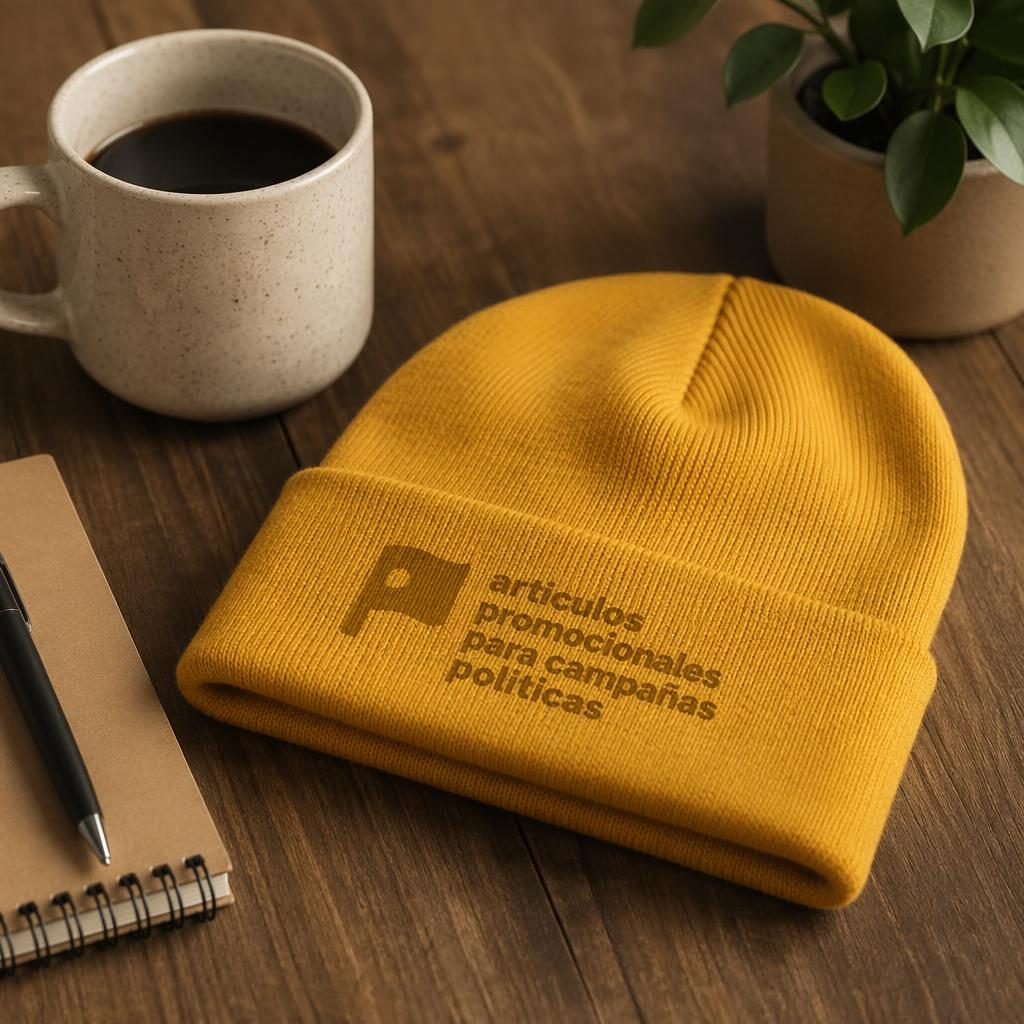 Mockup fotorrealista de gorro mostaza sobre escritorio, logo sutil tono sobre tono y escena lifestyle cálida.