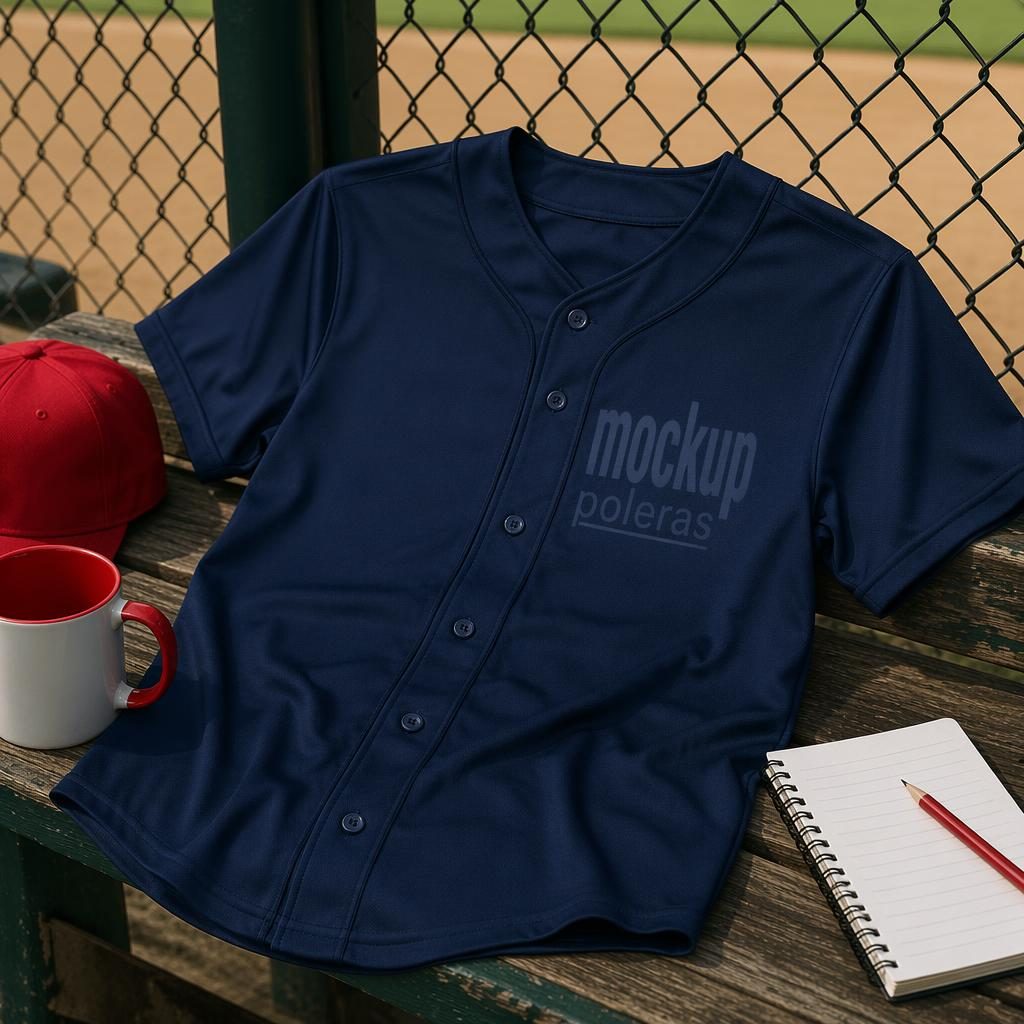 Jersey de béisbol azul marino con logo sutil tono sobre tono, foto lifestyle exterior con acabado editorial.
