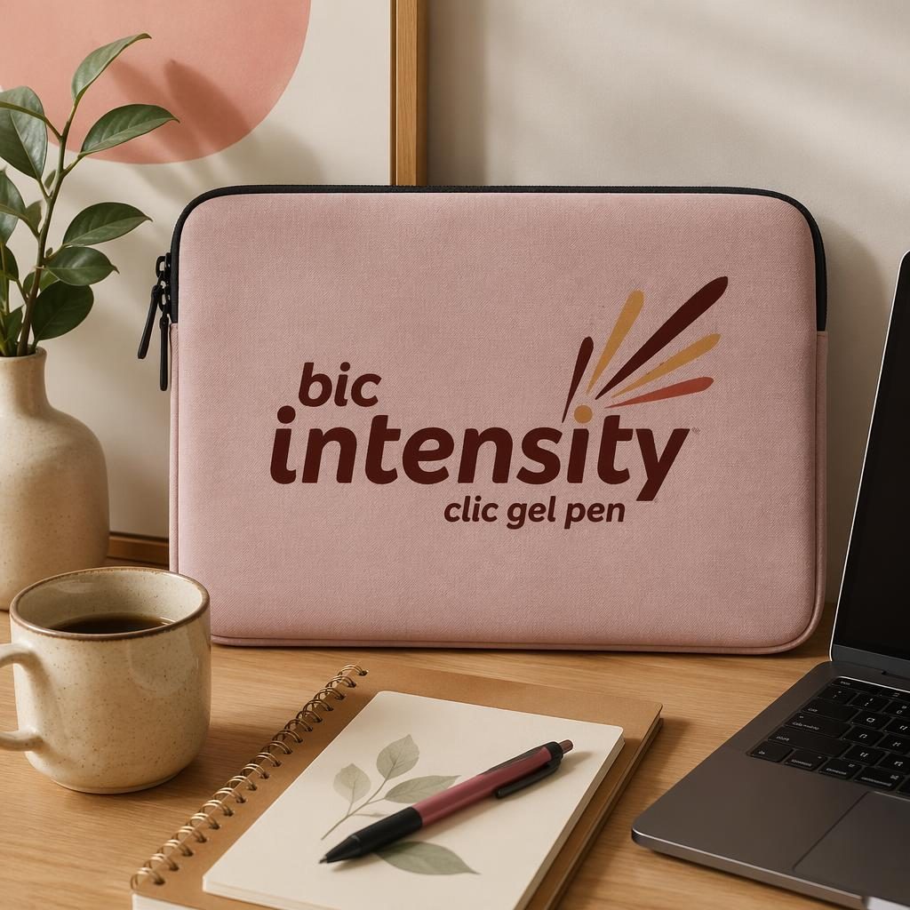 Dusty pink laptop sleeve on a warm desk scene with large bic intensity clic gel pen logo, styled with mug and paper.